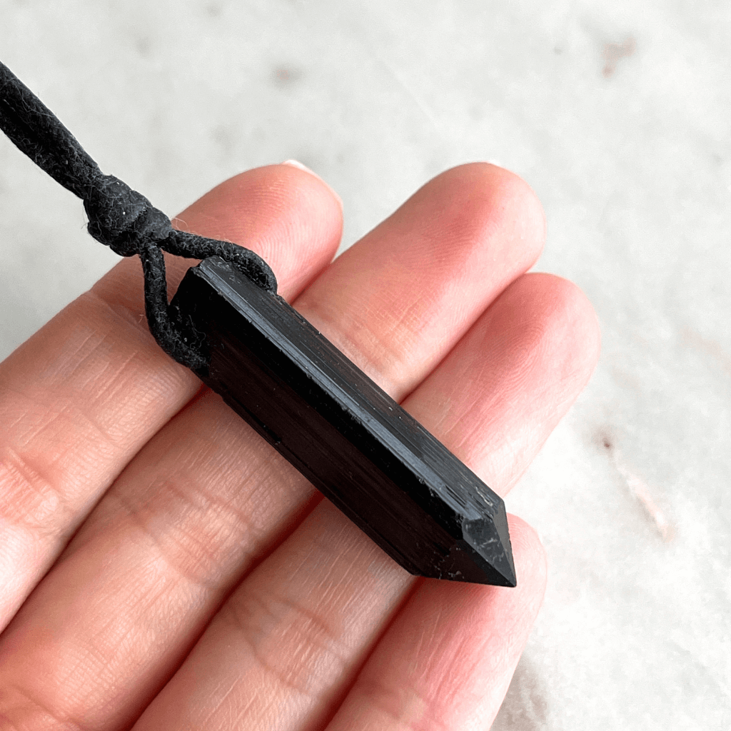 Raw Black Tourmaline OOAK Point Pendant Cord Necklace - A symbol of grounding and shielding by Luck Strings.