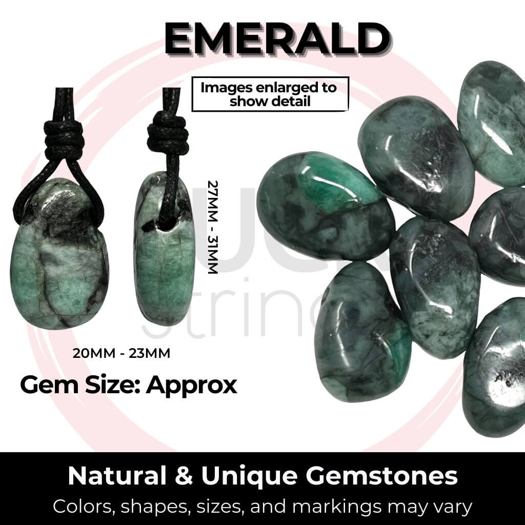 Infographic showing various Emerald gemstones for necklaces with approximate sizes indicated, highlighting the natural and unique colors, shapes, sizes, and markings of each stone - Luck Strings