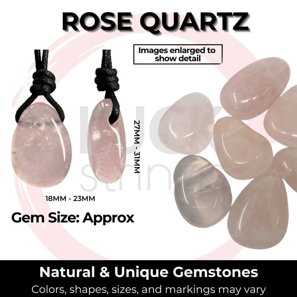 Infographic showing various Rose quartz  gemstones for necklaces with approximate sizes indicated, highlighting the natural and unique colors, shapes, sizes, and markings of each stone - Luck Strings