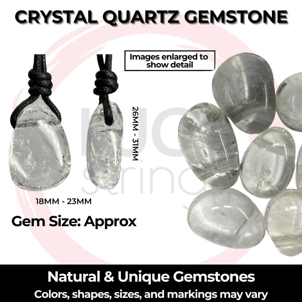 Infographic showing various clear quartz gemstones for necklaces with approximate sizes indicated, highlighting the natural and unique colors, shapes, sizes, and markings of each stone.
