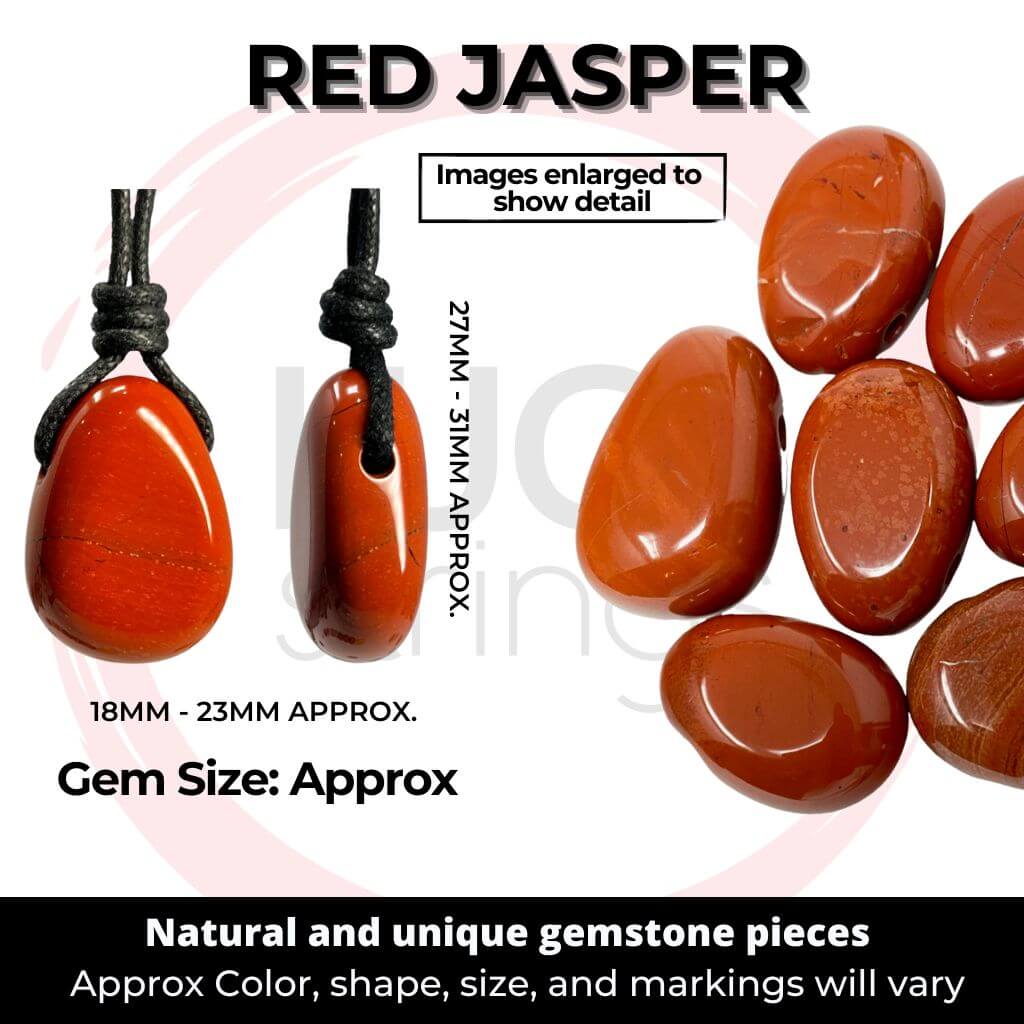 "A collection of Luck Strings' natural and unique Red Jasper gemstones, showcasing vibrant colors and varied sizes.