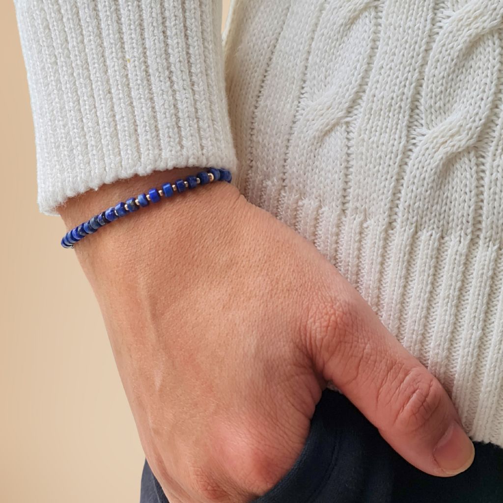 Lapis Lazuli Cylinder & 14K Gold Minimalist Bracelet