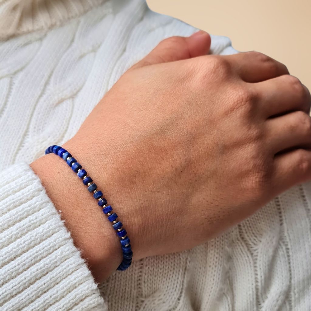 Lapis Lazuli Cylinder & 14K Gold Minimalist Bracelet