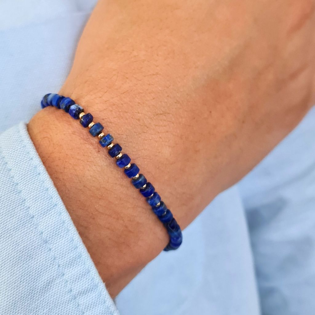 Lapis Lazuli Cylinder & 14K Gold Minimalist Bracelet