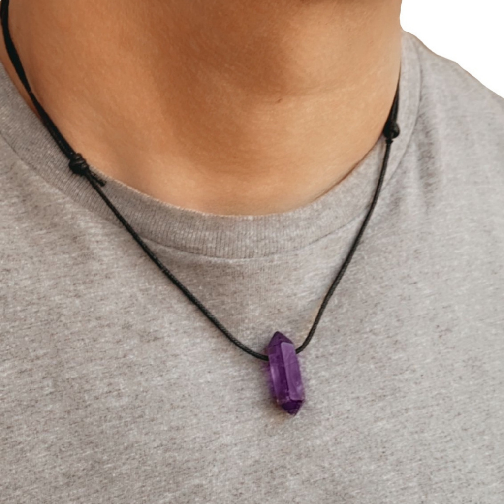 Mens Gemstone Crystal Point Protection Powers Amulet Pendant Necklace  Amethyst | eBay