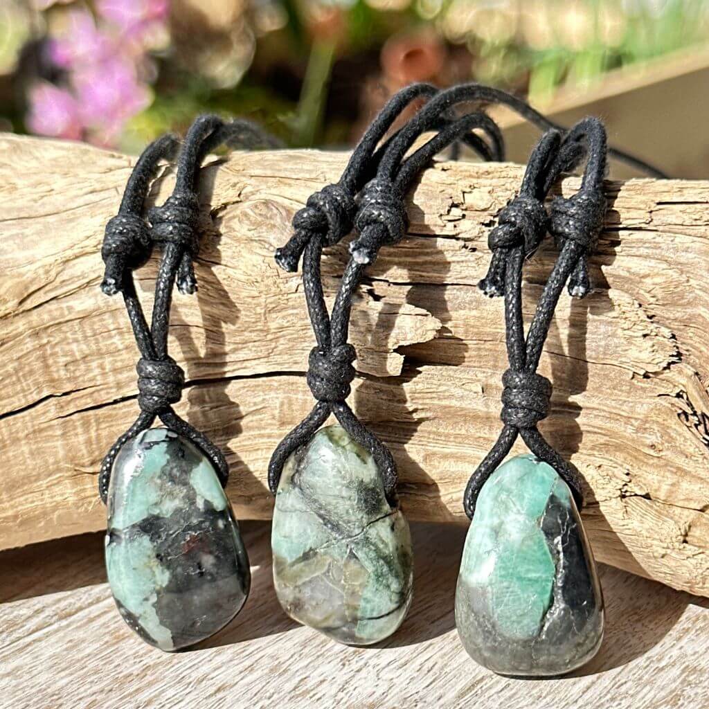 Luck Strings-Trio of emerald stones handcrafted on a waxed nylon cord with adjustable sliding knots