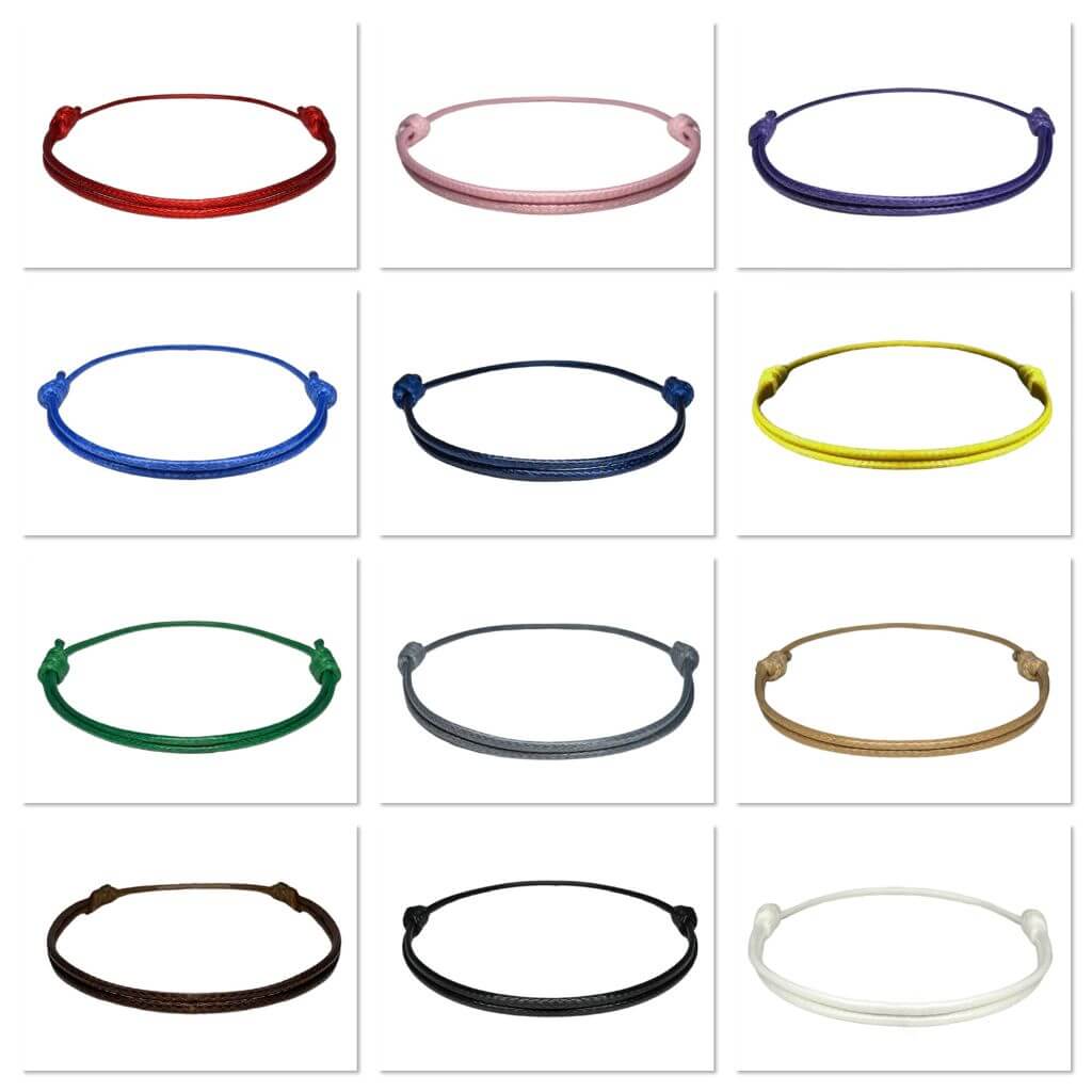 Luck Strings-Collage of 12 adjustable surf wax nylon cord bracelets in various colors