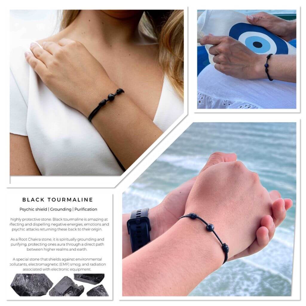Luck Strings-Collage of 4 images featuring men and women wearing premium quality gemstone bracelets for strength and balance