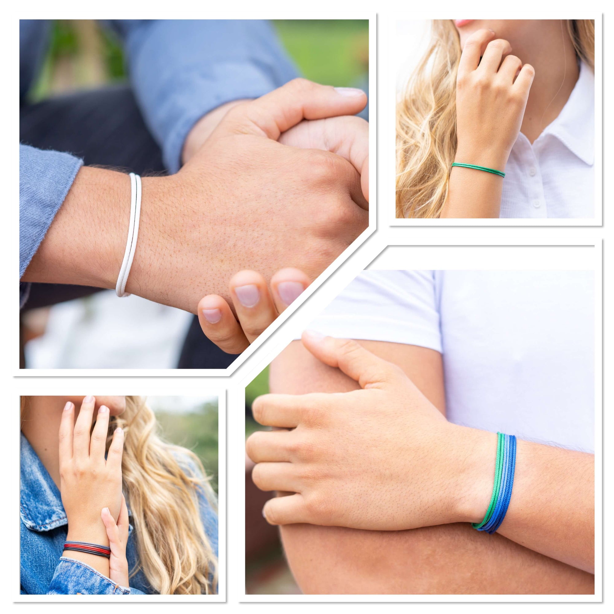 Luck Strings-Collage of people wearing the bracelets: "Collage of people wearing surf wax nylon cord bracelets
